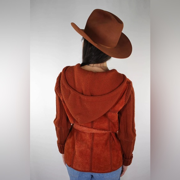 Vintage 1970s Terracotta Leather Suede Knit Crochet Hooded Jacket Coat - Picture 3 of 12